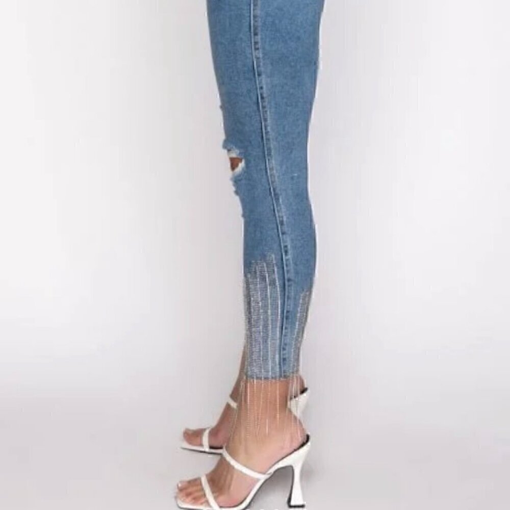 EUC - AKIRA Label Too Good High Waisted Rhinestone Fringe Skinny Jeans - Size 13 - Picture 4 of 15